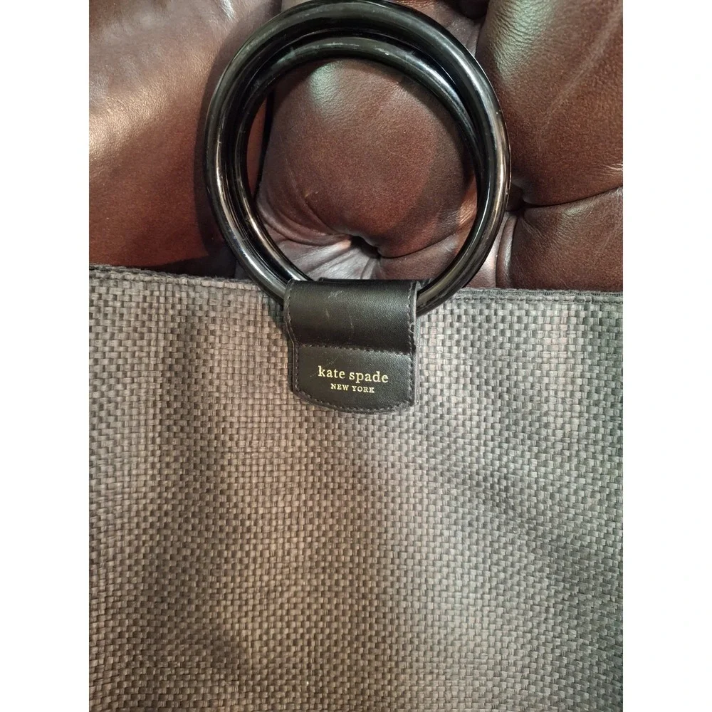 Kate Spade New York Black Raffia Tote Bag Carry All Shopping Bag Ring Handles